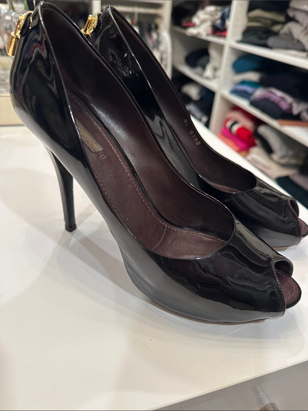 Louis Vuitton Black Patent Peep-Toe Stiletto Heels with Gold Zip Accent